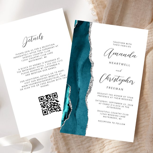 Papier Budget Turquoise Blue Silver Agate QR Code Mariage (Créateur téléchargé)