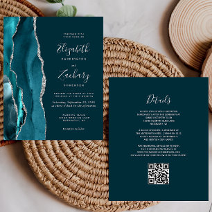 Papier Budget Turquoise Blue Silver Agate QR Code Mariage