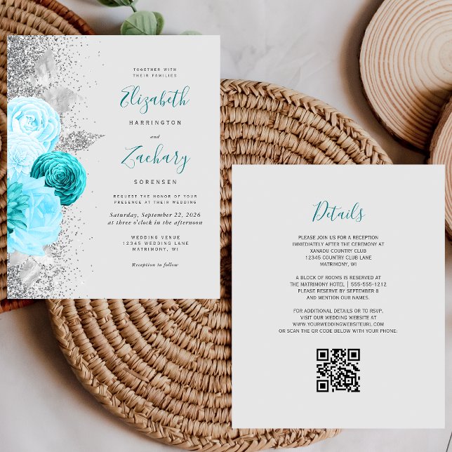 Papier Budget Turquoise Floral Silver QR Code Mariage (Créateur téléchargé)