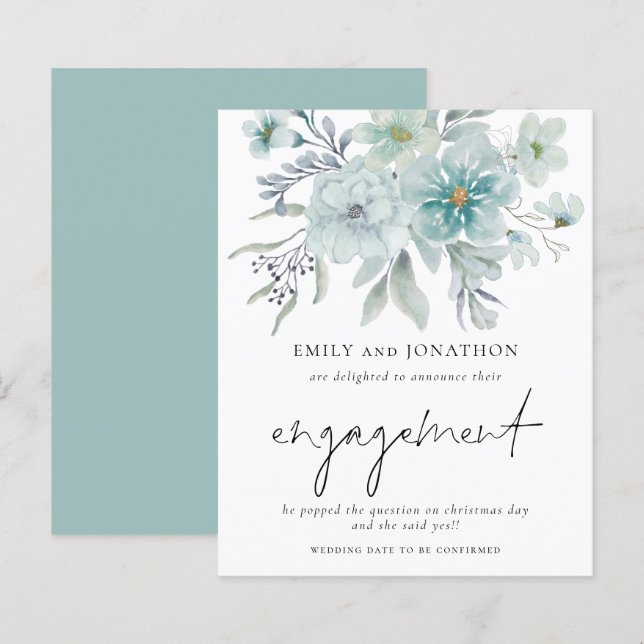 Papier Budget Turquoise Floraux blancs Faire-part Fiançai (Devant / Derrière)