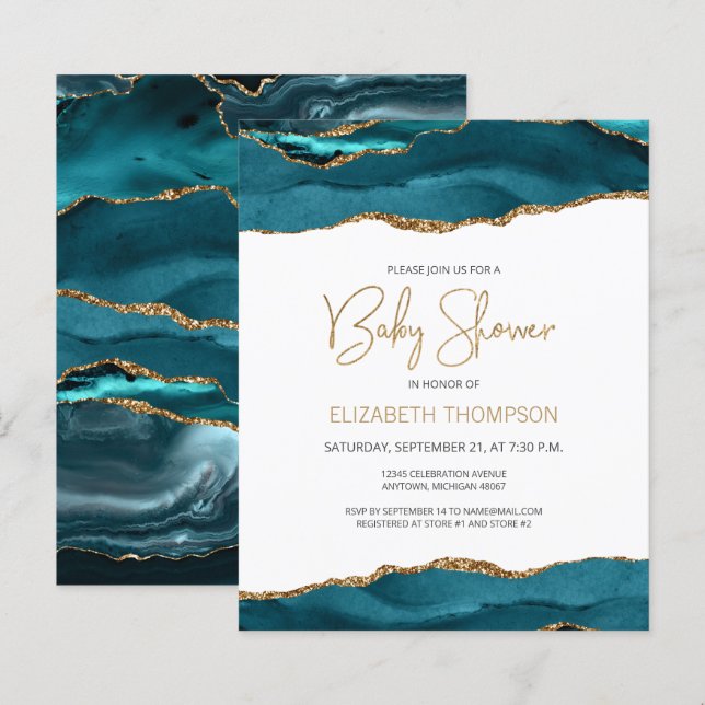 Papier Budget Turquoise Gold Agate Baby shower Invitation (Devant / Derrière)