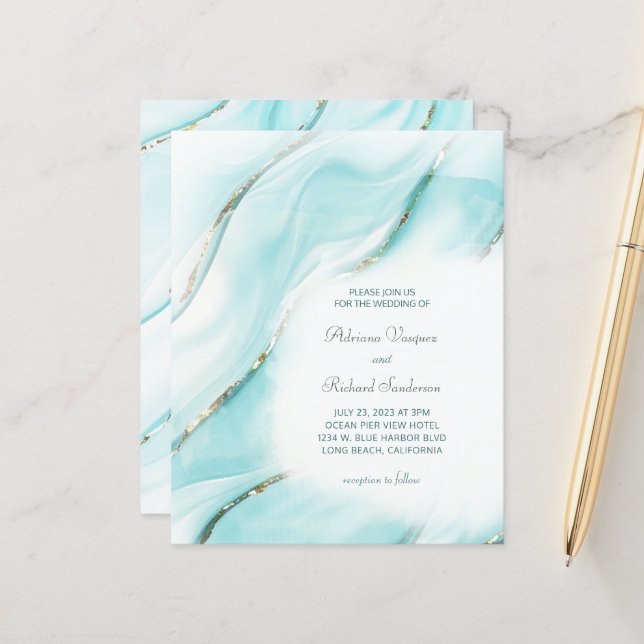 Papier Budget Turquoise Gold Agate Faire-part de mariage (Devant/Arrière en situation)