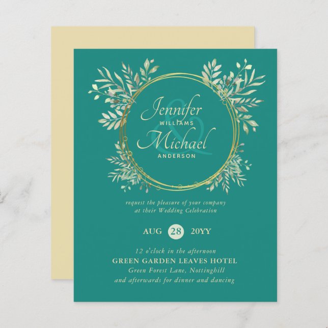 Papier BUDGET Turquoise Gold Greenery Wreath Wedding Invi (Devant / Derrière)