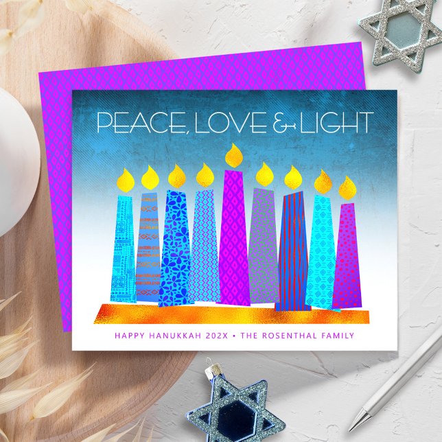 Papier Budget Turquoise Hanoukka bougies Peace Love Card (Créateur téléchargé)