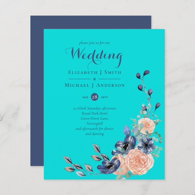 Papier BUDGET Turquoise Marine Coral Floral Mariages Invi (Devant / Derrière)