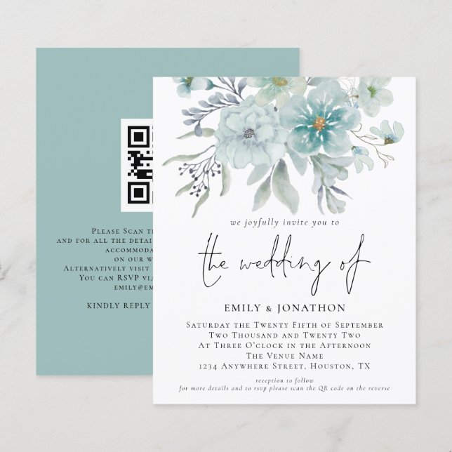 Papier Budget Turquoise Mist QR Floral Faire-part de mari (Devant / Derrière)