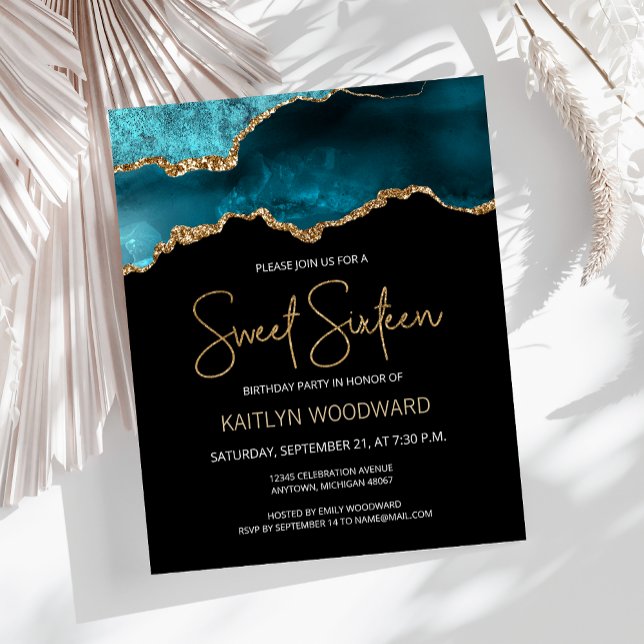 Papier Budget Turquoise Or Agate Dark Sweet 16 Invitation (Créateur téléchargé)