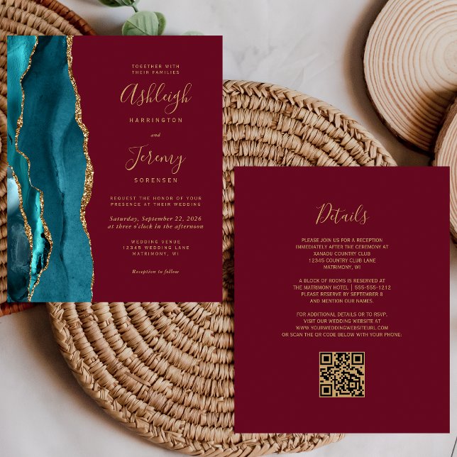 Papier Budget Turquoise or Bourgogne QR Code Mariage Invi (Créateur téléchargé)