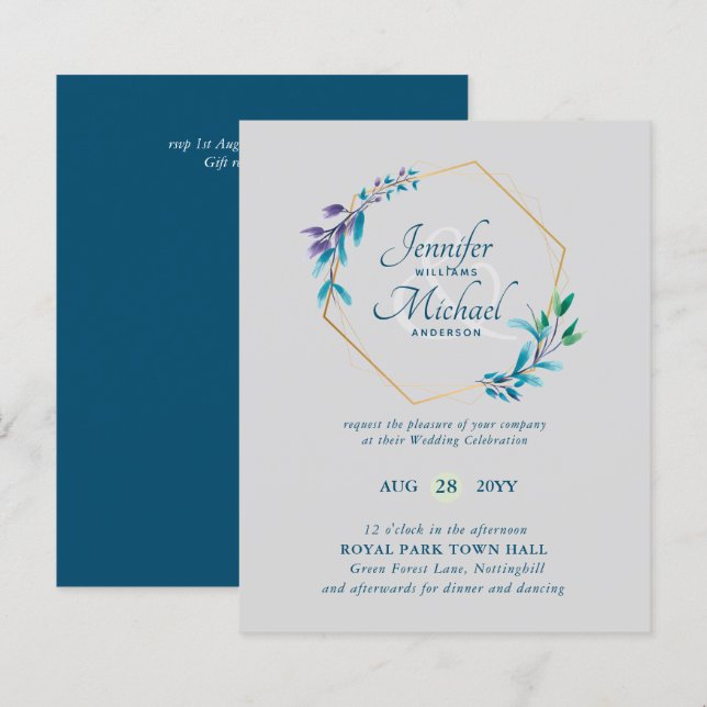 Papier BUDGET Turquoise Purple Gold Wreath Wedding Invita (Devant / Derrière)