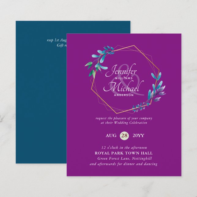 Papier BUDGET Turquoise Purple Gold Wreath Wedding Invita (Devant / Derrière)