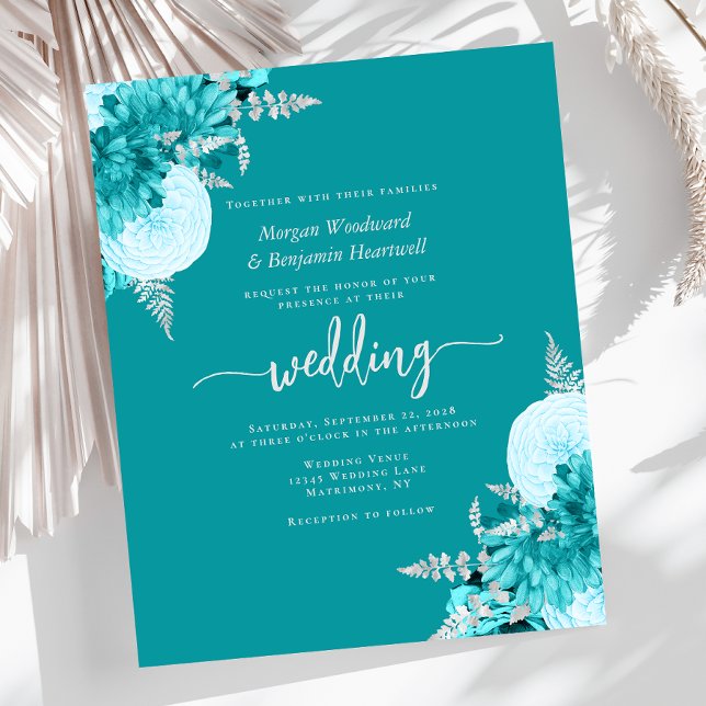 Papier Budget Turquoise Silver Floral Wedding Invite (Créateur téléchargé)