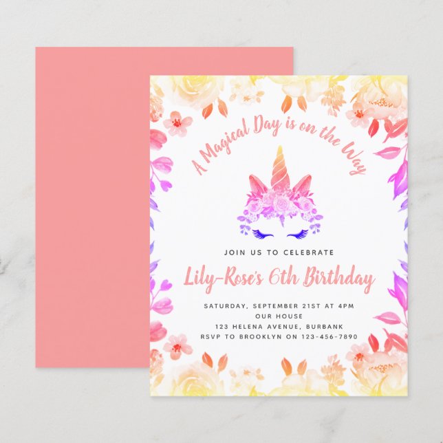Papier BUDGET Unicorn Face Floral Anniversaire Invitation (Devant / Derrière)