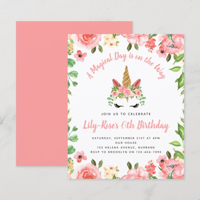 Papier BUDGET Unicorn Face Floral Anniversaire Invitation (Devant / Derrière)