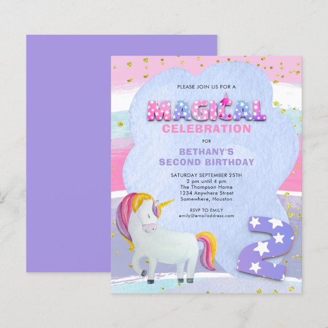 Papier Budget Unicorn Magique 2e anniversaire Invitation (Devant / Derrière)