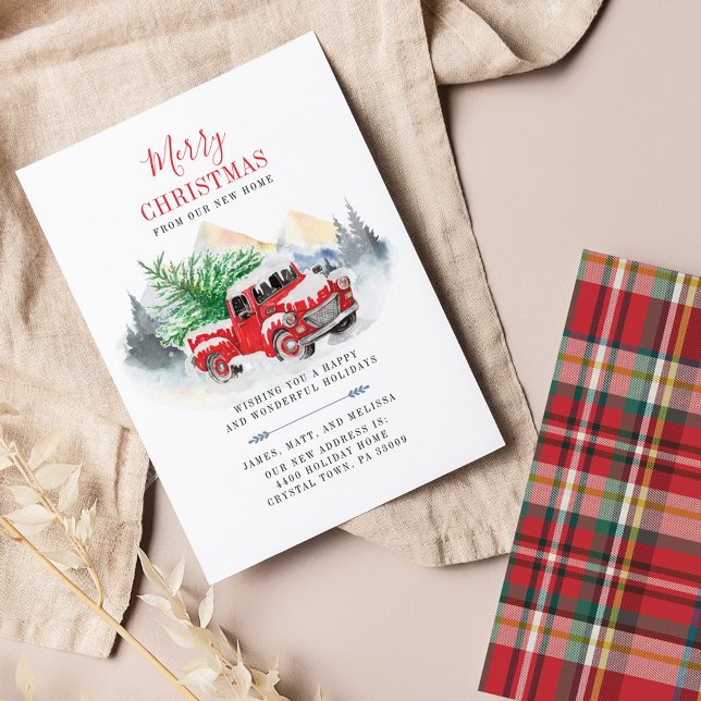 Papier Budget vacances de Noël Faire-part de déménagement (Plaid Red Truck Rustic Holiday Moving Announcement)
