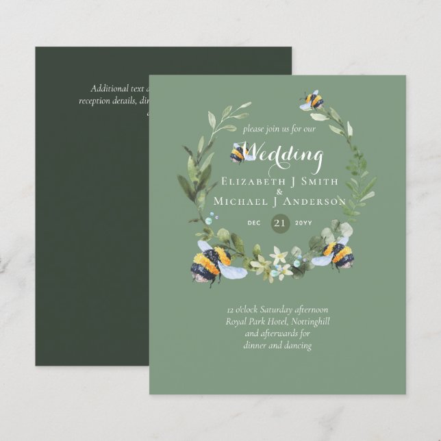 Papier BUDGET Verdure Eucalyptus Bees Mariage Invite (Devant / Derrière)