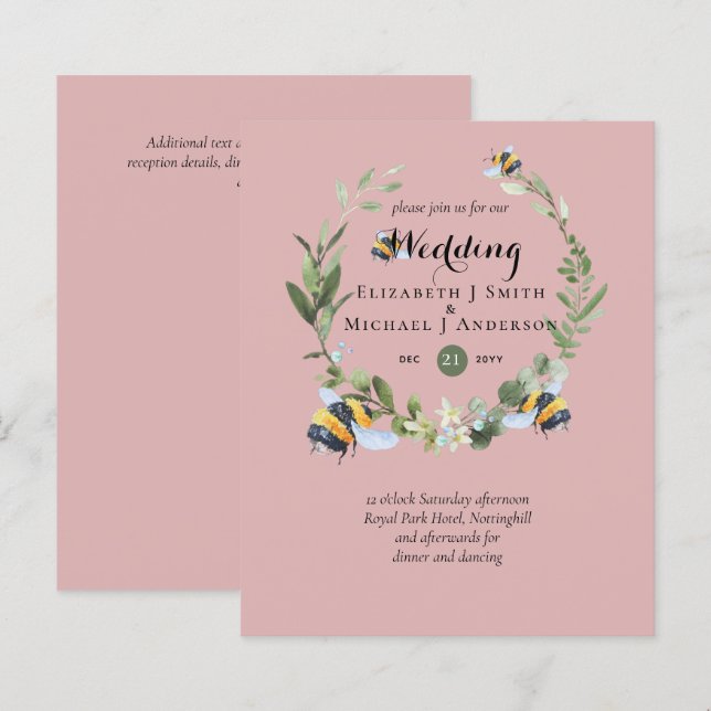 Papier BUDGET Verdure Eucalyptus Bees Mariage Invite (Devant / Derrière)