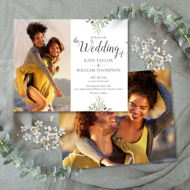 Papier Budget Verdure Script Mariage Photos Invitation (Budget Greenery Script Wedding Photos Invitation)