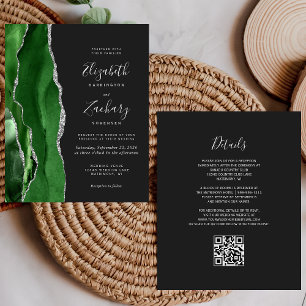 Papier Budget vert Argent Agate Dark QR Code Mariage