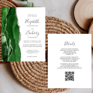 Papier Budget Vert Argent Agate QR Code Mariage Invitatio