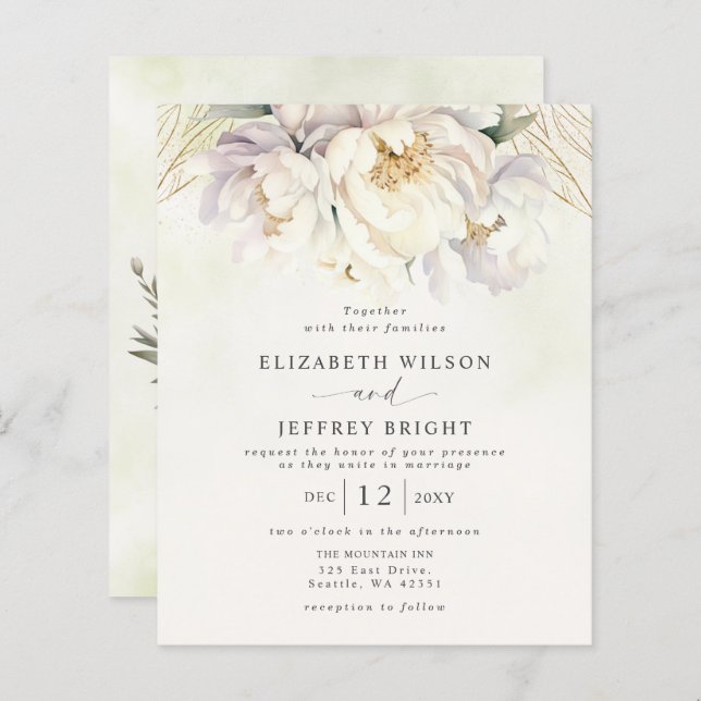 Papier Budget Vert Blanc Floral Mariage Invitations (Devant / Derrière)