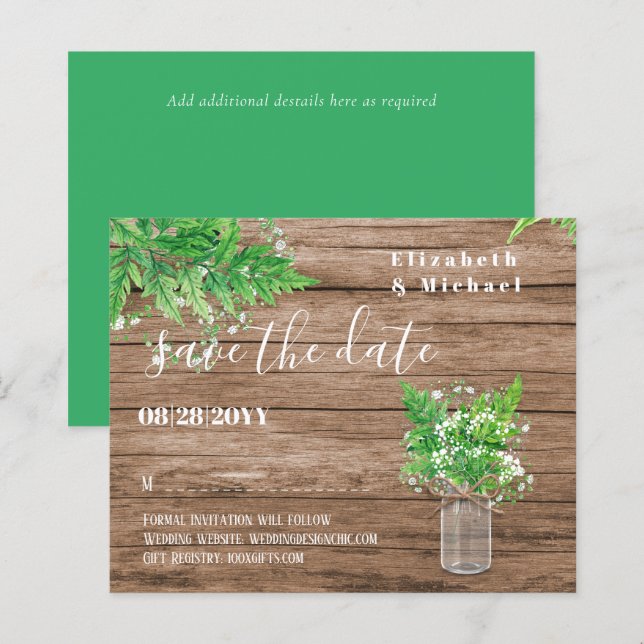 Papier BUDGET Vert Économie Dates Ferns Rustic Mariage (Devant / Derrière)