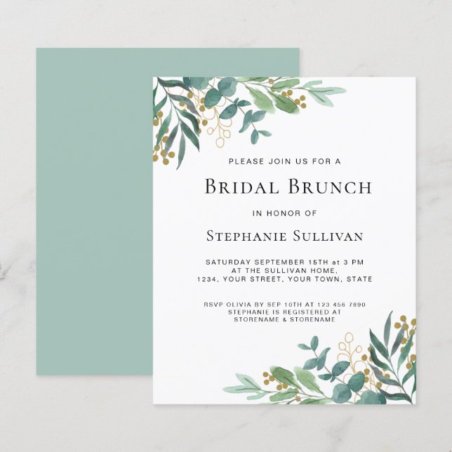 Papier Budget Vert Eucalyptus Invitation de Brunch nuptia (Devant / Derrière)
