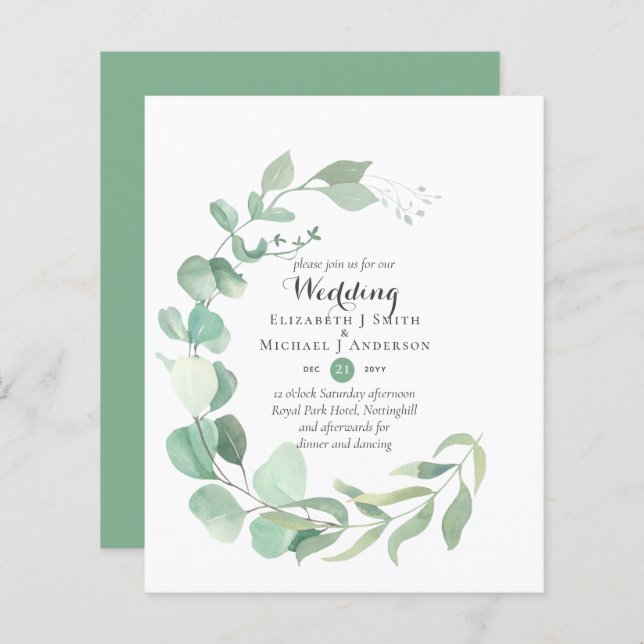 Papier Budget vert Eucalyptus Mariage Invite (Devant / Derrière)