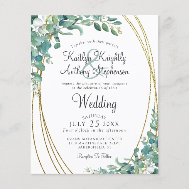 Papier Budget Vert Faire-part de mariage Or Eucalyptus (Devant)