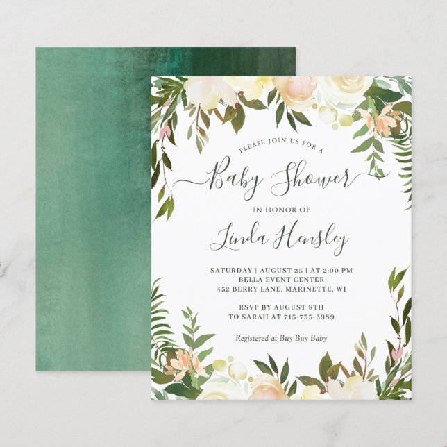 Papier Budget Vert Floral Baby Shower Invitations (Devant / Derrière)