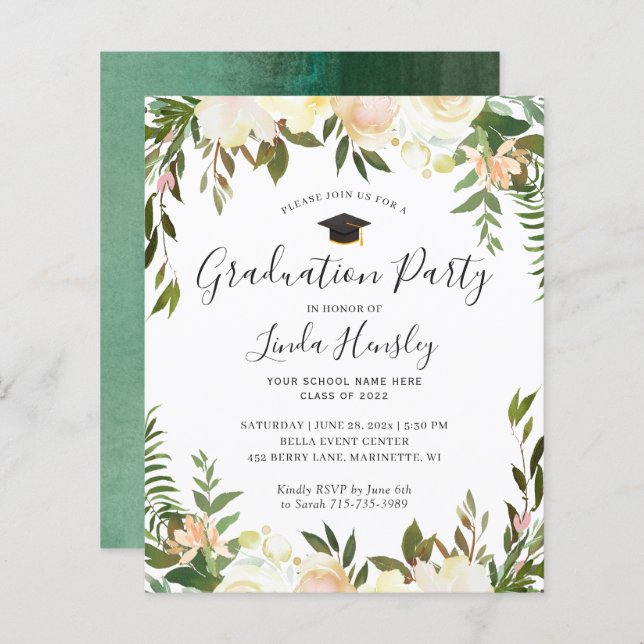 Papier Budget Vert Floral Graduation Party Invitation (Devant / Derrière)