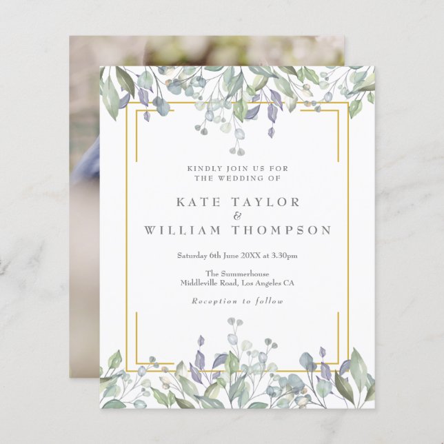Papier Budget Vert Floral Mariage Photo Invitation (Devant / Derrière)