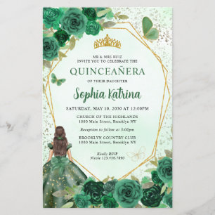 Papier Budget Vert foncé Floral Or Princesse Quinceañera