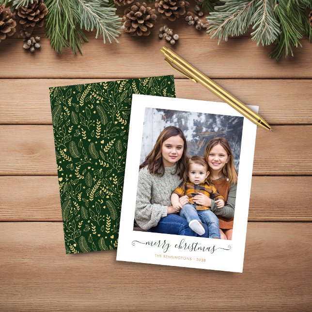Papier BUDGET Vert Or Simple Script Photo de Noël (BUDGET Green Gold Simple Script Christmas Photo Holiday Card)