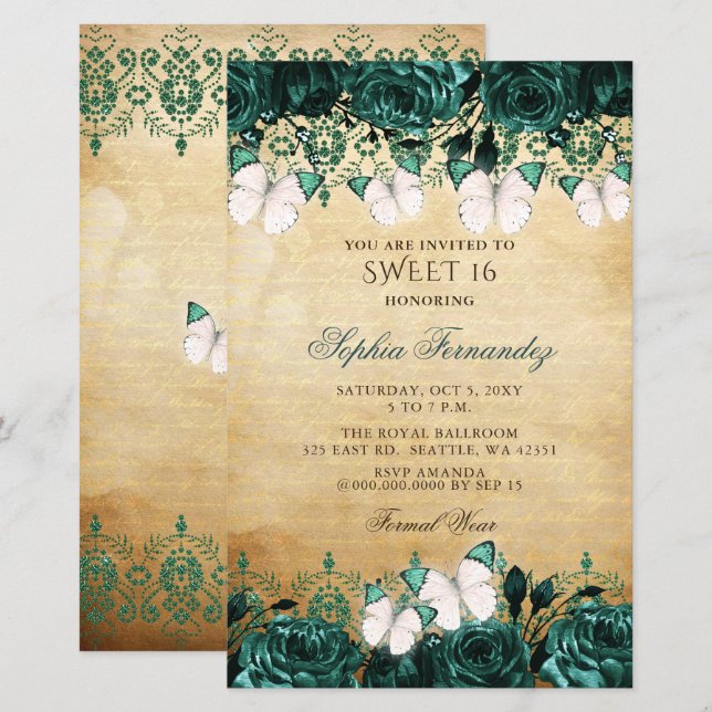 Papier Budget Vert Papillon doux 16 Invitation (Devant / Derrière)