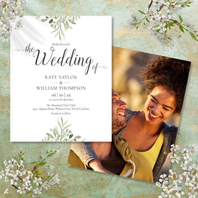 Papier Budget vert Script Mariage Photo Invitation (Créateur téléchargé)