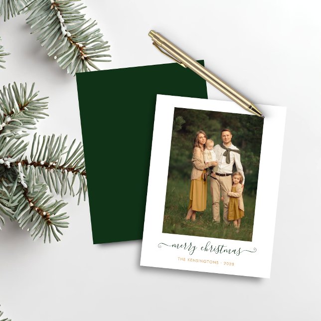 Papier BUDGET Vert Simple Script Joyeux Noël Photo (BUDGET Green Simple Script Merry Christmas Photo Holiday Card)