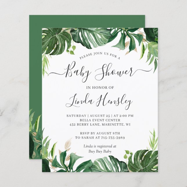 Papier Budget vert Tropical Baby Shower Invitations (Devant / Derrière)