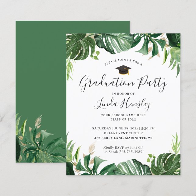 Papier Budget Vert Tropical Graduation Invitation du Part (Devant / Derrière)