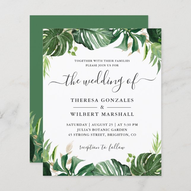 Papier Budget vert Tropical Palm Leaf Mariage Invite (Devant / Derrière)