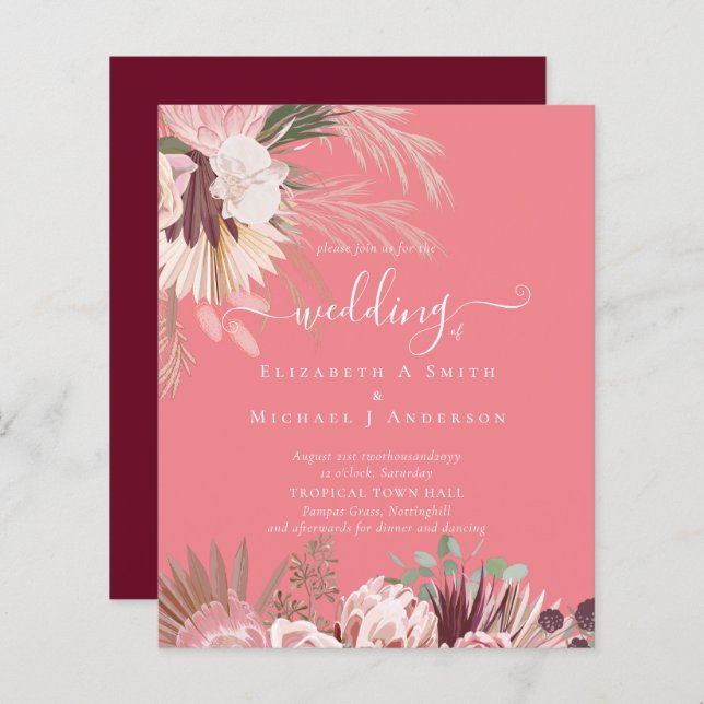 Papier BUDGET Vin Bourgogne Pampas Grass Mariage Tropical (Devant / Derrière)