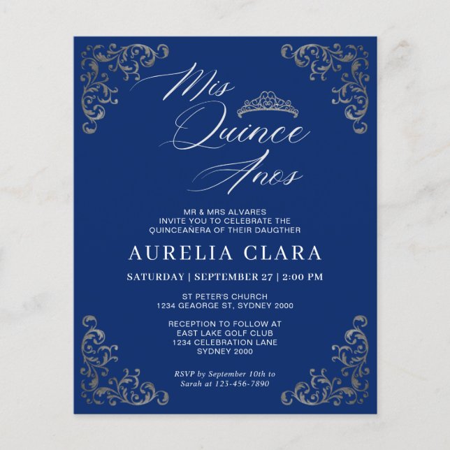 Papier BUDGET Vintage Bleu Argent Mis Quince Quinceañera (Devant)