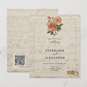 Papier Budget Vintage Coeur Rose Floral QR Wedding Invita