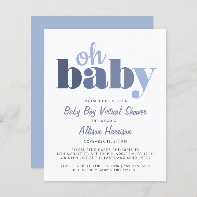 Papier Budget Virtual Baby Boy Shower Oh Baby Invitation (Devant / Derrière)