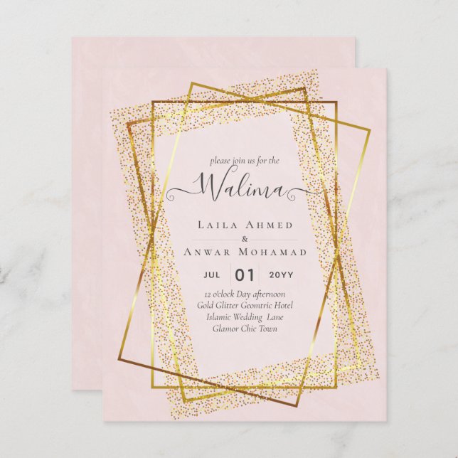 Papier Budget Walima Musulman Mariage Gold Frame Invitati (Devant / Derrière)