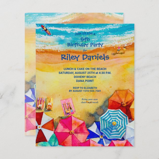 Papier Budget Watercolor Beach Anniversaire Fête Invitati (Devant / Derrière)