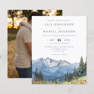 Papier Budget Watercolor Mountain Photo Wedding Invitatio