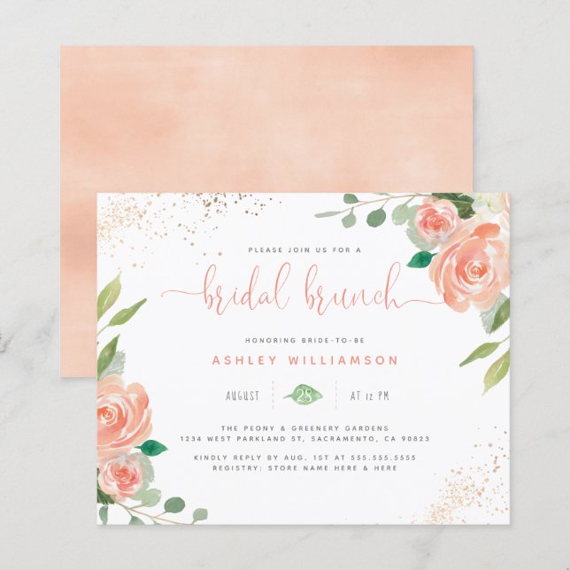 Papier Budget Watercolor Peonies Eucalyptus Bridal Brunch (Devant / Derrière)
