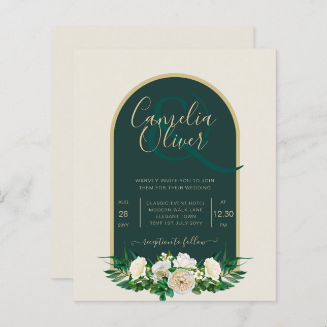Papier BUDGET White Roses Forêt Vert Mariage d'hiver INV (Devant / Derrière)