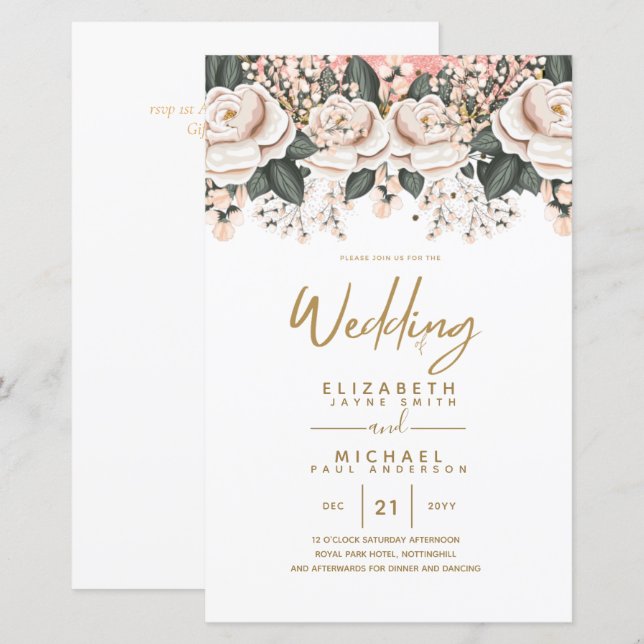 Papier Budget White Roses Mariage botanique Invite A9 (Devant / Derrière)